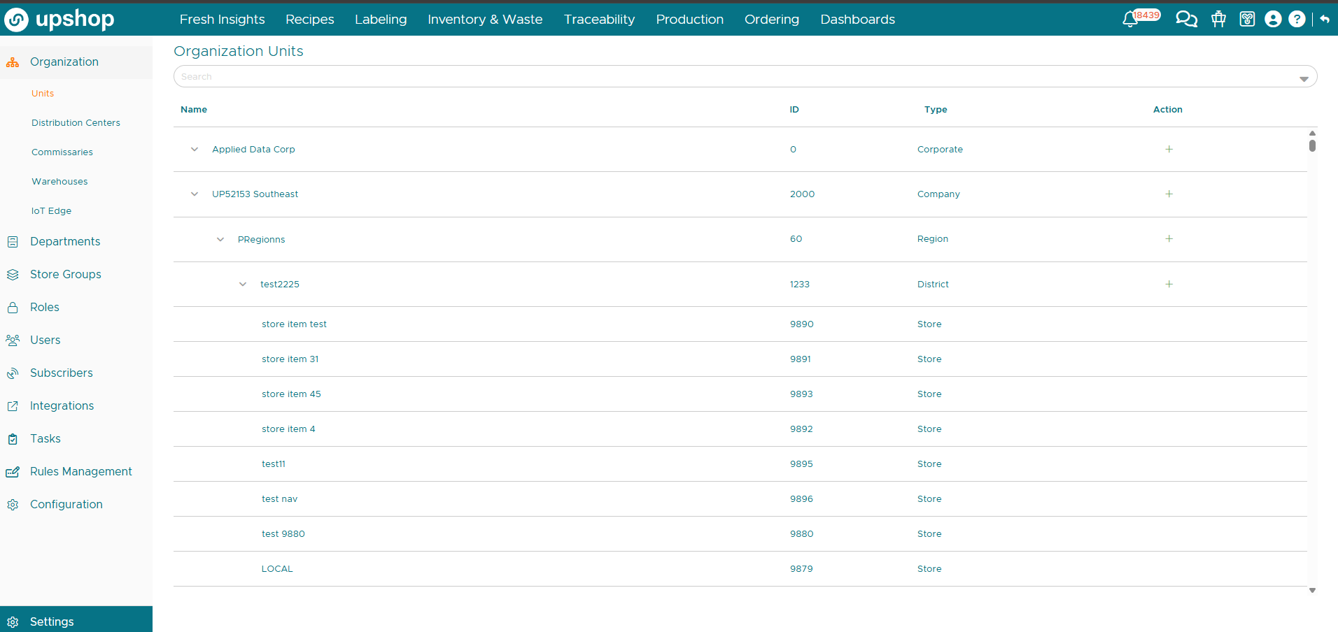 Upshop organization units screen