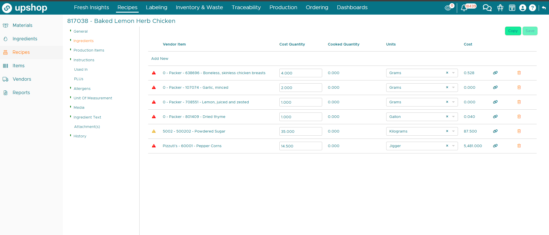 Upshop production workflow screen